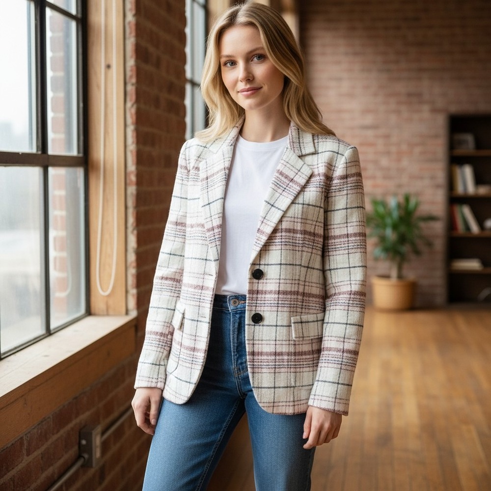 Lewit Blazer Ivory Red Optic Check Wool Blend Pleated Back Womens Size 16